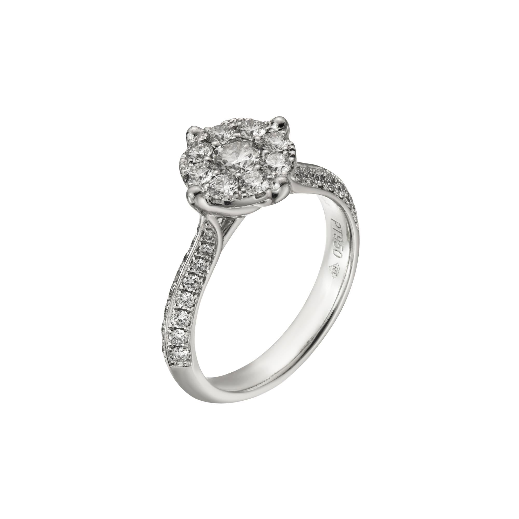 Platinum Round Cut Diamond Cluster Illusion Ring, 1.00ct