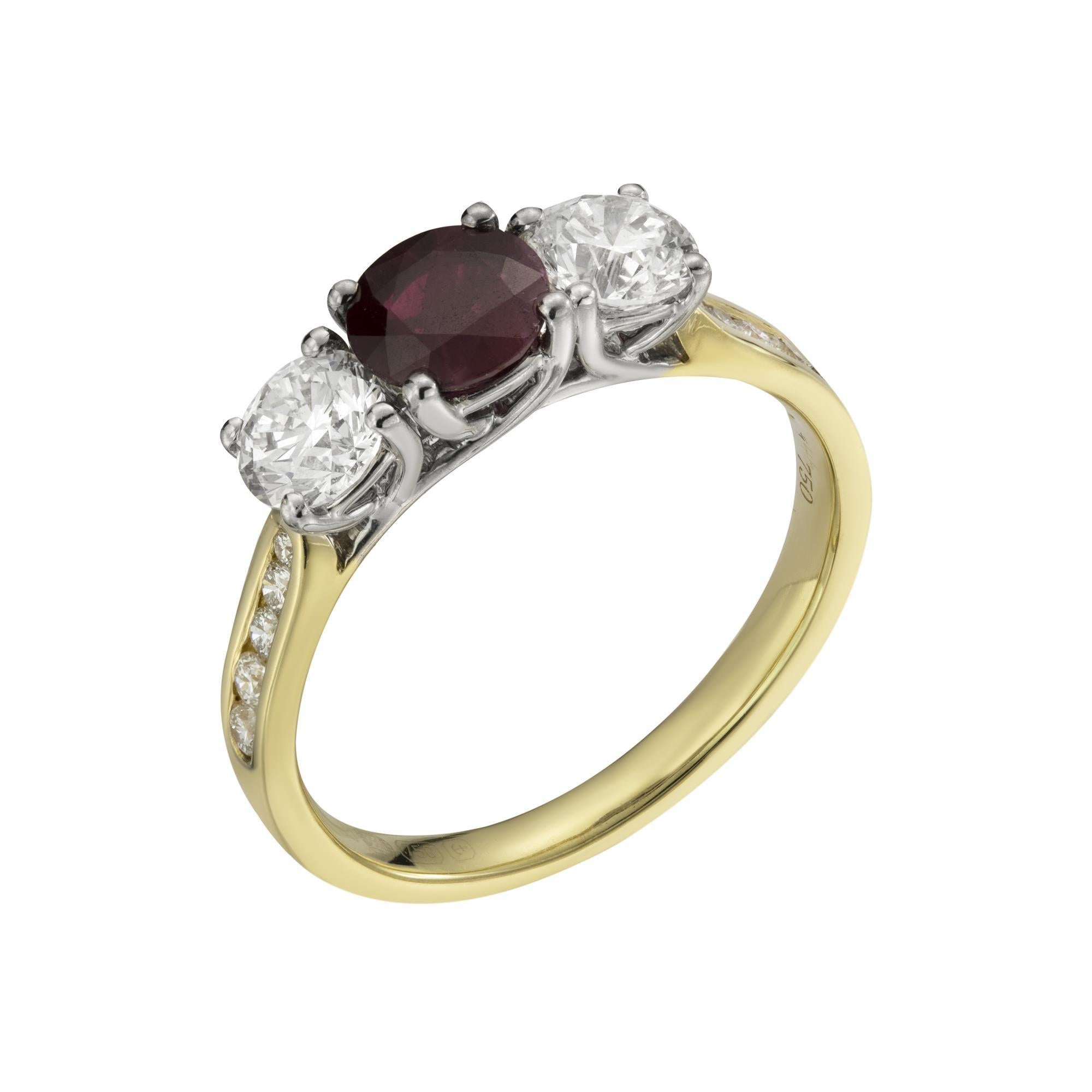 18ct Yellow Gold Round Cut Ruby & Diamond Three Stone Ring