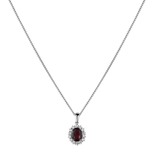 18ct White Gold Oval Cut Ruby and Diamond Halo Pendant 