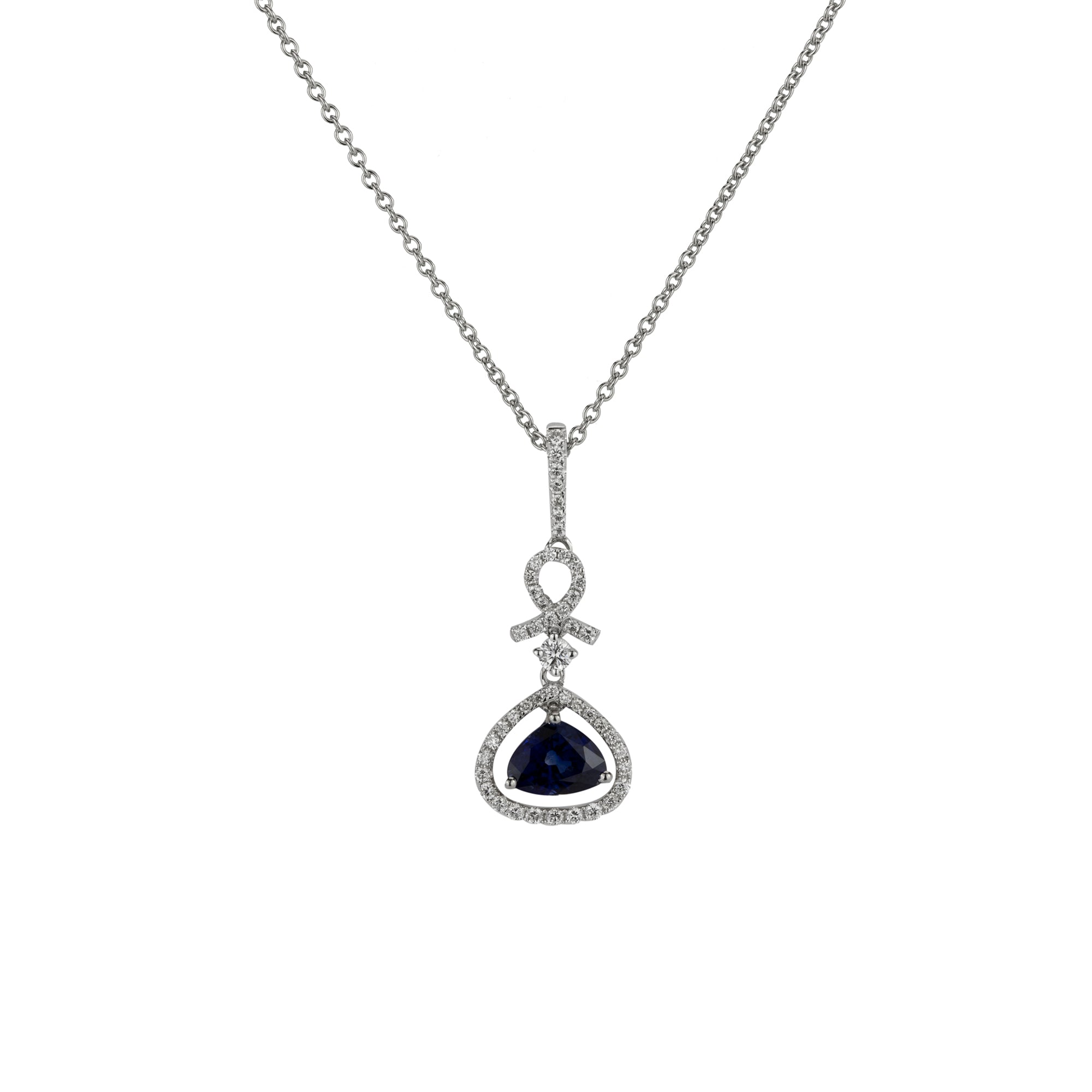 0.91 Carat Genuine Blue Sapphire and White Diamond 14K White Gold Pendant