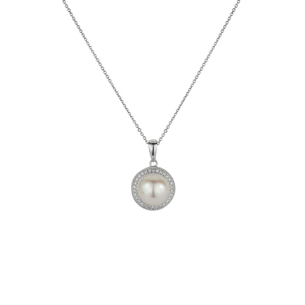 9ct White Gold Grain Set Diamond Halo Pendant with 8mm Freshwater Pearl