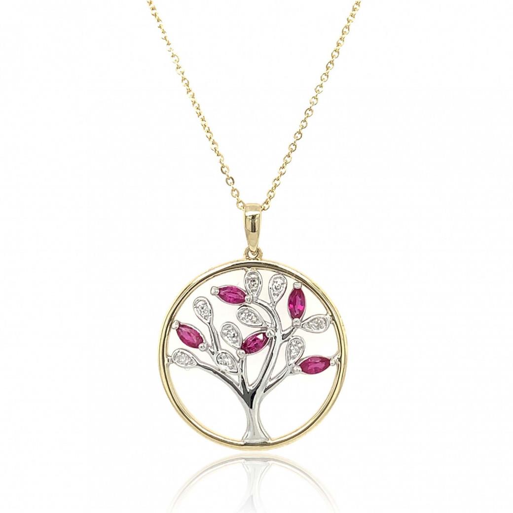 9ct Yellow & White Gold Diamond Ruby Tree Of Life Pendant
