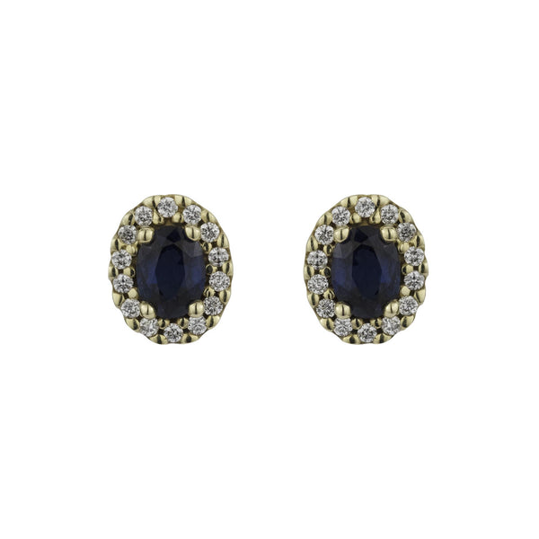 9ct Yellow Gold Sapphire & Diamond Oval Halo Cluster Earrings