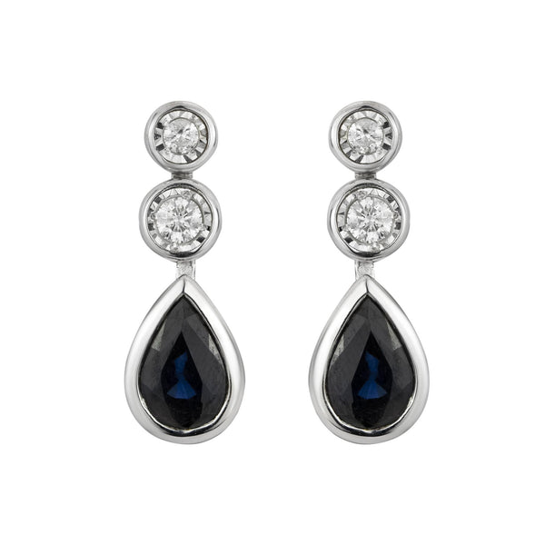 9ct White Gold Sapphire and Diamond Rubover Drop Earrings