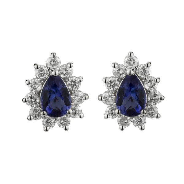 9ct White Gold Pear Shaped Tanzanite and Diamond Cluster Stud Earrings