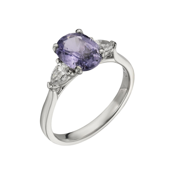 Platinum Lilac Sapphire and Diamond Three Stone Ring