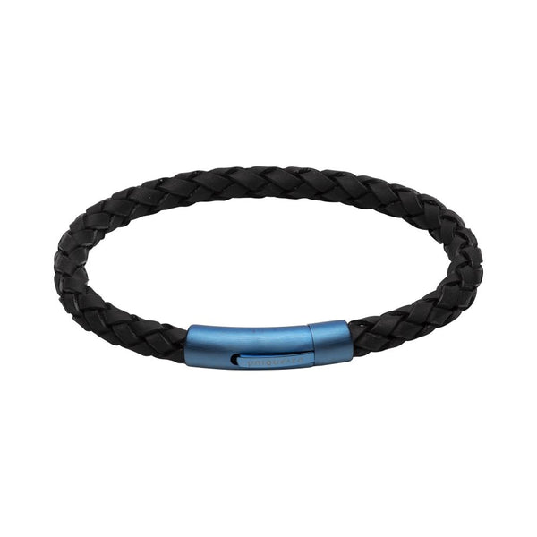 Black Leather Bracelet with Matte Blue Plated Steel Clasp