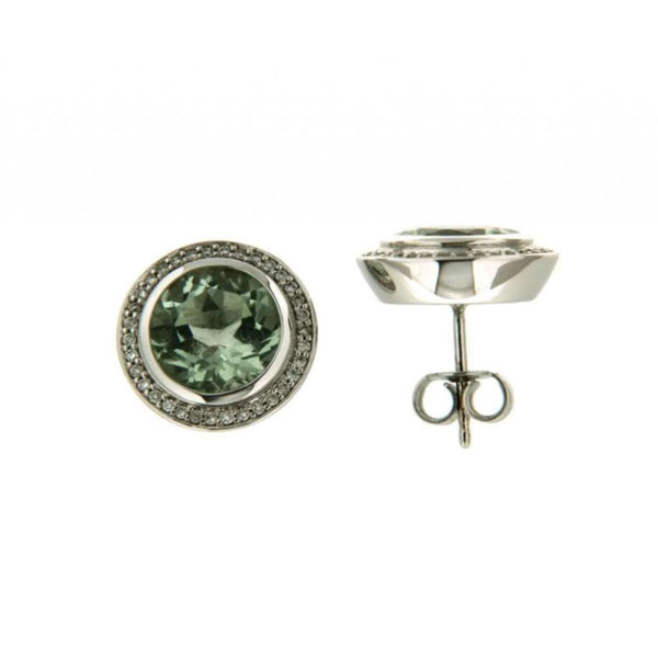 Finnies The Jewellers 14ct White Gold Large Round Green Amethyst Diamond Set Stud Earrings