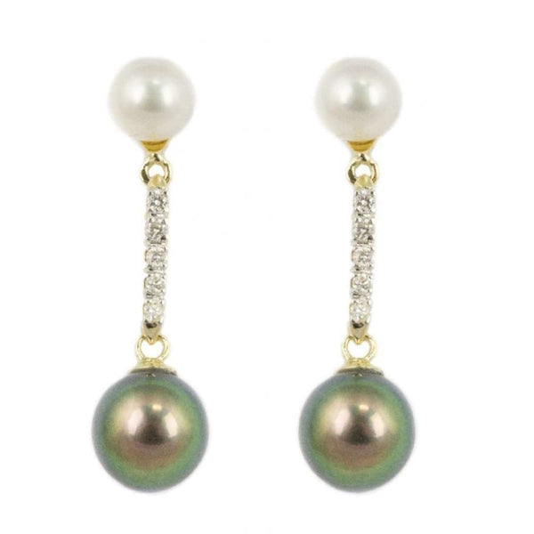 Finnies The Jewellers 14ct Yellow Gold Diamond Set Bar Drop Pearl Earrings