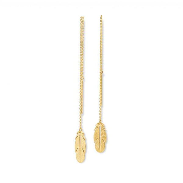 Finnies The Jewellers 14ct Yellow Gold Double Feather Pull Through Drop Earrings