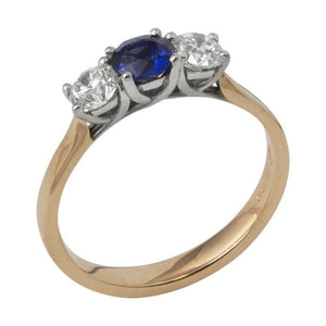 Finnies The Jewellers 18ct Rose and White Gold Diamond and Blue Sapphire Three Stone
