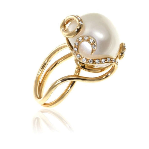 Finnies The Jewellers 18ct Rose Gold Pearl and Diamond Set Scroll Dress Ring