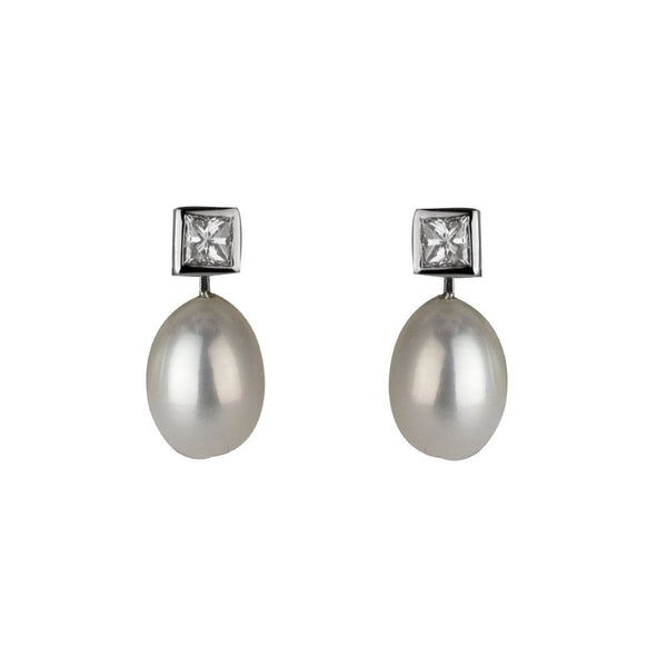 Finnies The Jewellers 18ct White Gold Cultured Pearl & Princess Cut Diamond Earrings
