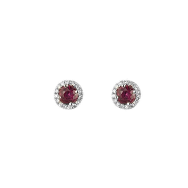 Finnies The Jewellers 18ct White Gold Diamond and Burmese Ruby Halo Stud Earrings