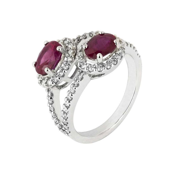Finnies The Jewellers 18ct White Gold Diamond and Ruby Double Halo Split Ring