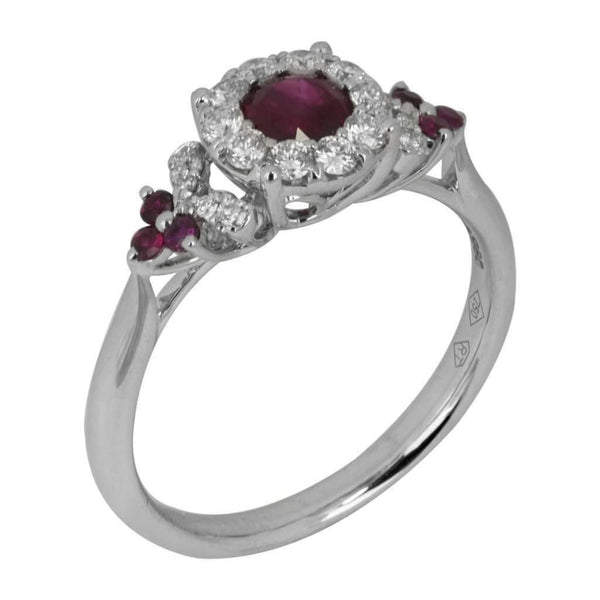 Finnies The Jewellers 18ct White Gold Diamond and Ruby Halo Ring