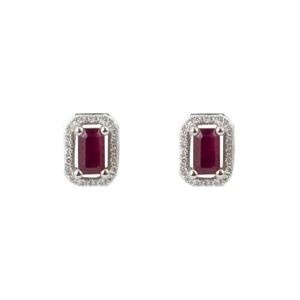 Finnies The Jewellers 18ct White Gold Diamond and Ruby Oblong Halo Stud Earrings