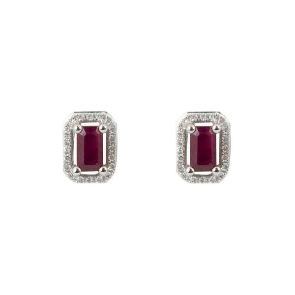 Finnies The Jewellers 18ct White Gold Diamond and Ruby Oblong Halo Stud Earrings