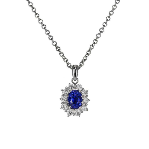 Finnies The Jewellers 18ct White Gold Diamond and Sapphire Oval Cluster Pendant