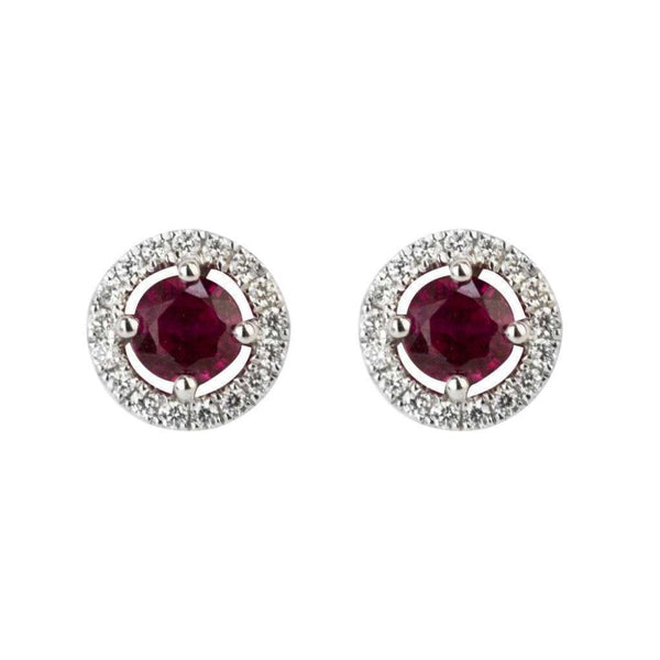 Finnies The Jewellers 18ct White Gold Diamond Halo and Ruby Stud Earrings