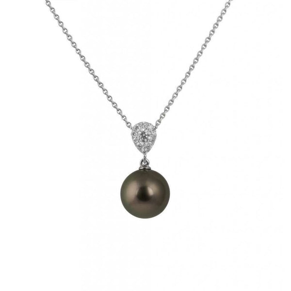 Finnies The Jewellers 18ct White Gold Illusion Set Diamond and Black Pearl Pendant.