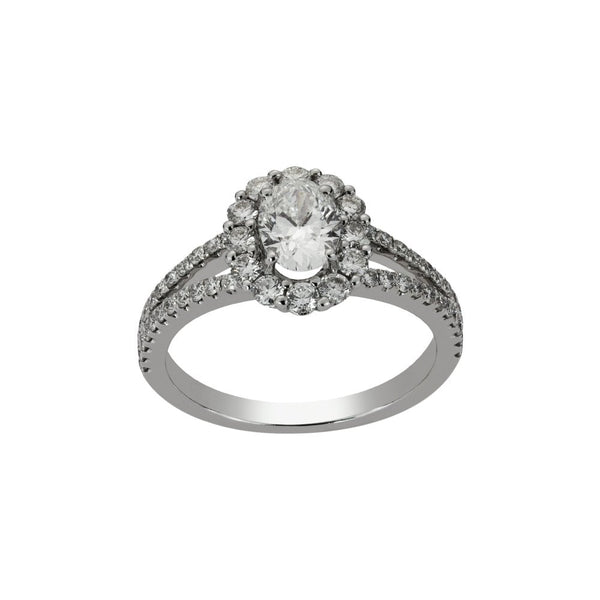 Finnies The Jewellers 18ct White Gold Oval Halo Ring With Diamond Split Shoulders.