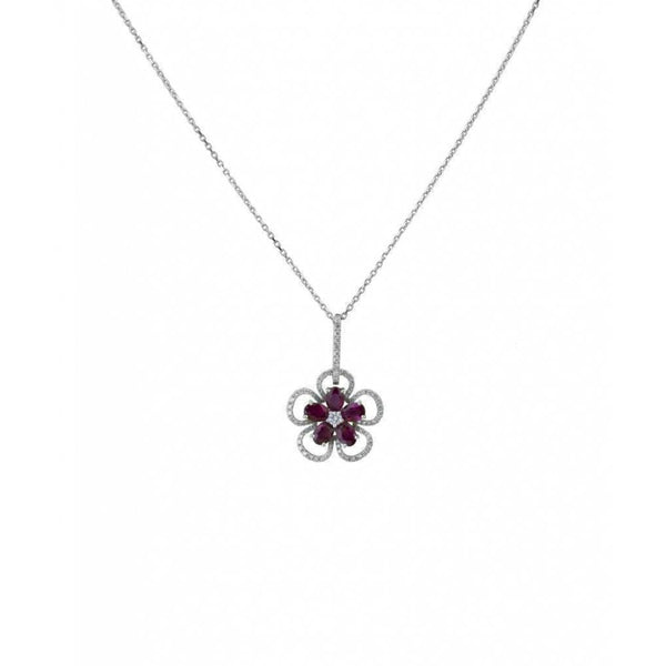 Finnies The Jewellers 18ct White Gold Ruby & Diamond Flower Design Drop Pendant