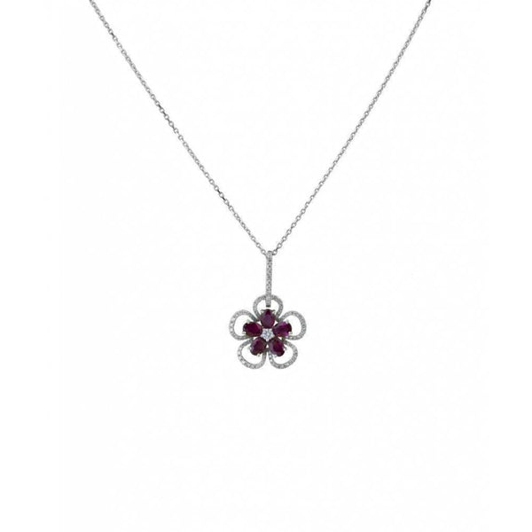 Finnies The Jewellers 18ct White Gold Ruby & Diamond Flower Design Drop Pendant