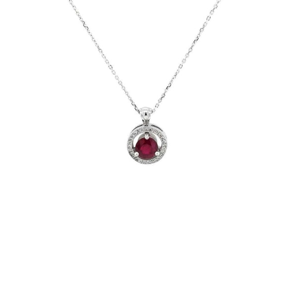 Finnies The Jewellers 18ct White Gold Ruby & Diamond Halo Beaded Edge Pendant