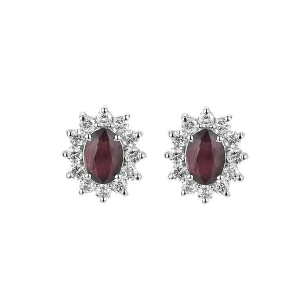 Finnies The Jewellers 18ct White Gold Ruby & Diamond Oval Cluster Stud Earrings