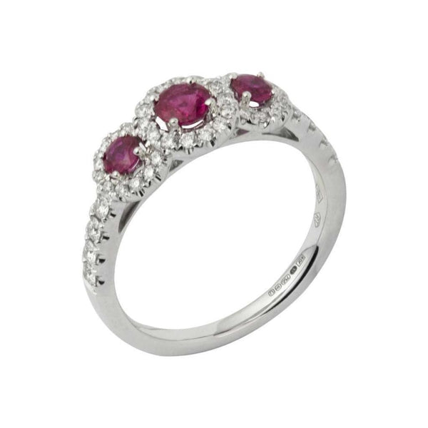 Finnies The Jewellers 18ct White Gold Three Stone Ruby Diamond Halo Ring