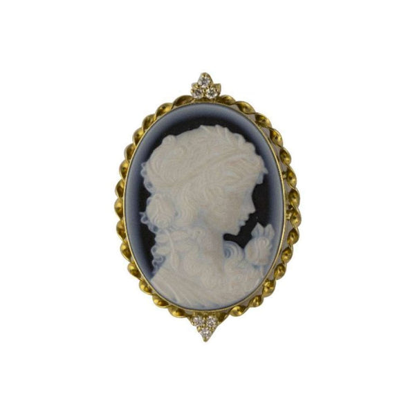 Finnies The Jewellers 18ct Yellow Gold Blue Lady Cameo & Diamonds Brooch