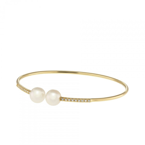 Finnies The Jewellers 18ct Yellow Gold Diamond and White FW Pearl Torque Bangle