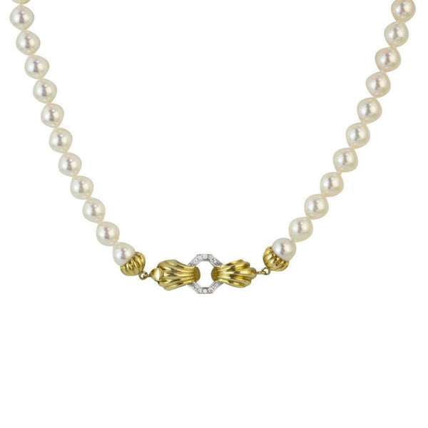 Finnies The Jewellers 18ct Yellow Gold Diamond Set Catch on 7-7.5mm Akoya Necklace