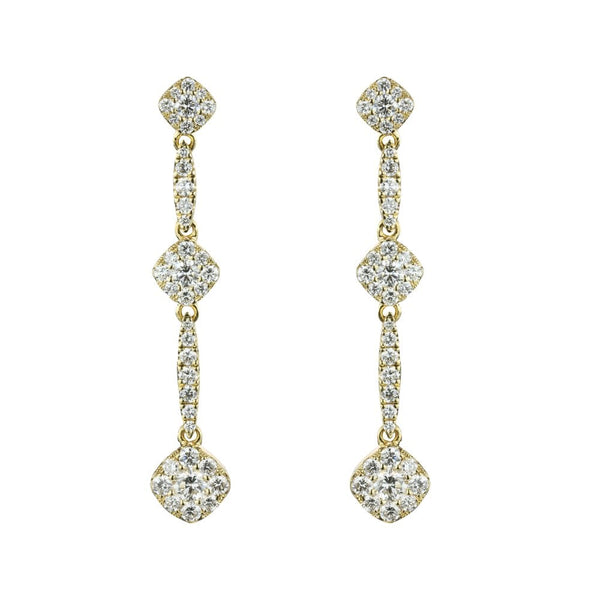Finnies The Jewellers 18ct Yellow Gold Diamond Three Cluster & Bar Long Drop Earrings