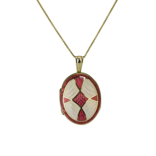 Finnies The Jewellers 18ct Yellow Gold & Pink Enamel Locket With 18ct Chain