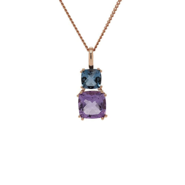 Finnies The Jewellers 9ct Rose Gold Cushion Shaped Amethyst & Blue Topax Pendant