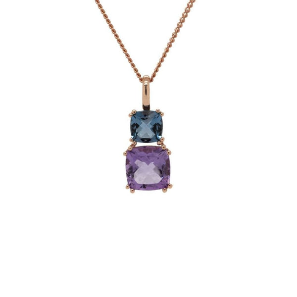 Finnies The Jewellers 9ct Rose Gold Cushion Shaped Amethyst & Blue Topax Pendant