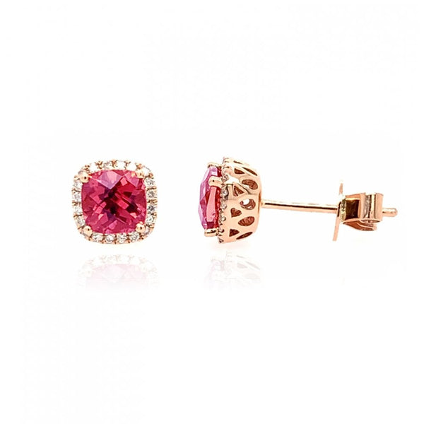 Finnies The Jewellers 9ct Rose Gold Diamond Halo 0.14 & Pink Tourmaline Stud Earrings