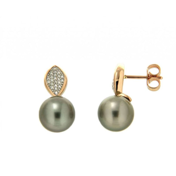 Finnies The Jewellers 9ct Rose Gold Grey Freshwater Pearl & Pave Set Diamond Earrings