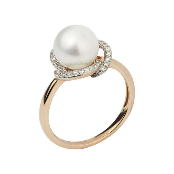 Finnies The Jewellers 9ct Rose Gold Swirl Halo Of Diamond and Freshwater Pearl Ring