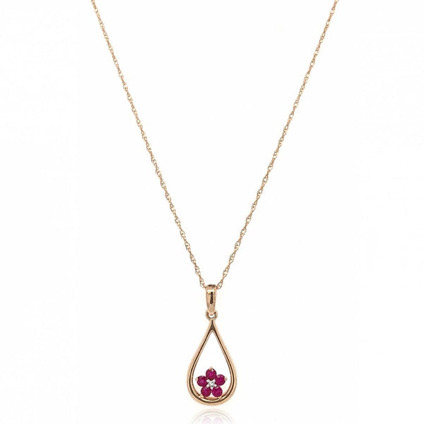 Finnies The Jewellers 9ct Rose Gold Teardrop Pendant with Diamond& Ruby Flower