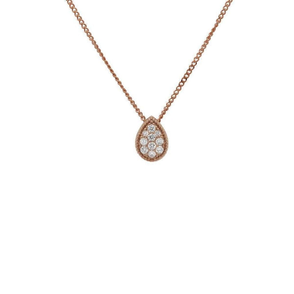 Finnies The Jewellers 9ct Rrose Gold Grain Set Diamond Teardrop Beaded Edged Pendant On 16/18
