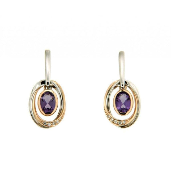 Finnies The Jewellers 9ct White and Rose Gold Oval Diamond and Amethyst Drop Earrings