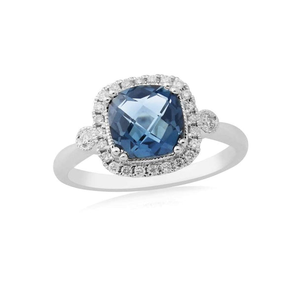 Finnies The Jewellers 9ct White Gold Blue Topaz & Diamond Halo Dress Ring