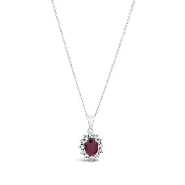 Finnies The Jewellers 9ct White Gold Diamond 0.04 Ruby Cluster Pendant with 18