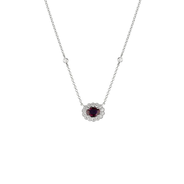 Finnies The Jewellers 9ct White Gold Diamond 0.26ct Ruby Oval Cluster Necklace