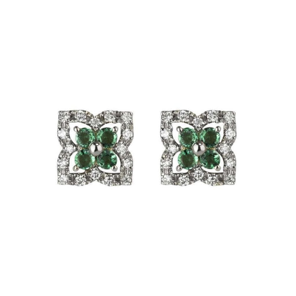 Finnies The Jewellers 9ct White Gold Diamond and Emerald Flower Stud Earrings