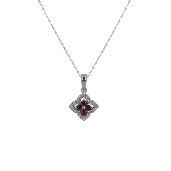 Finnies The Jewellers 9ct White Gold Diamond and Ruby Flower Pendant and 16