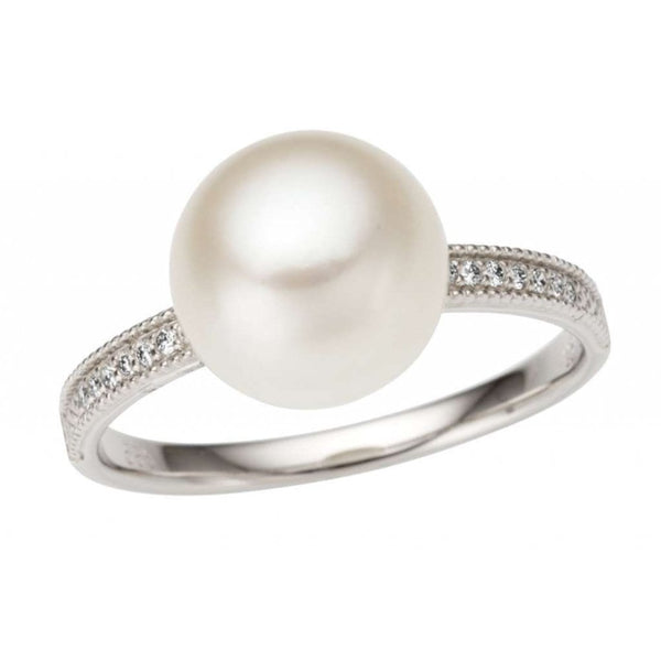 Finnies The Jewellers 9ct White Gold Freshwater Cultered Pearl & Diamond Dress Ring